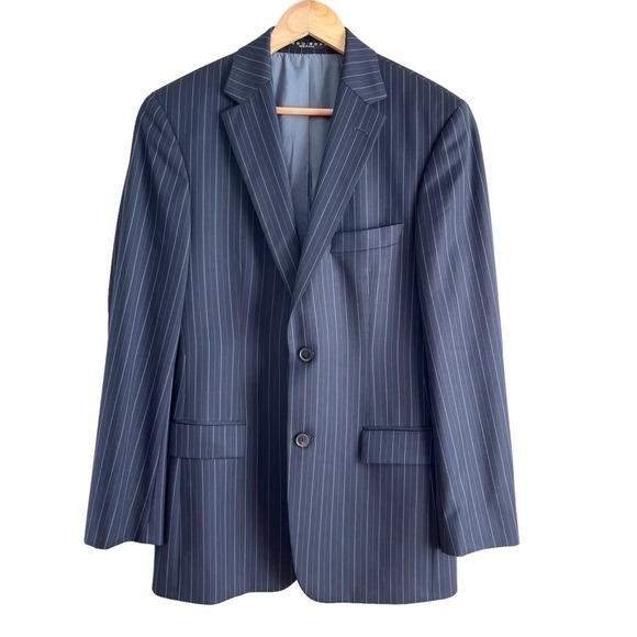 HUGO BOSS Bertolucci/Cinema Suit‎ Jacket Navy Blue Chalk Stripe Virgin Wool, 38R - Picture 2 of 13